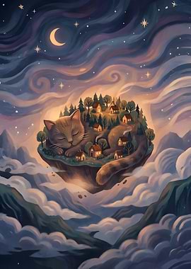 Dreamy Cat Island in the Night Sky