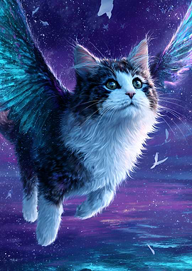 Winged Cat in a Starry Sky