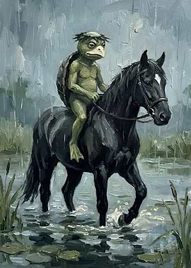 Kappa Riding a Black Horse in the Rain