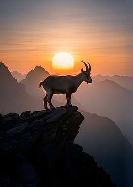 Ibex on a cliff at sunset