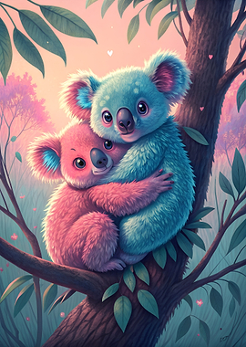 Two cute koalas hugging on a tree