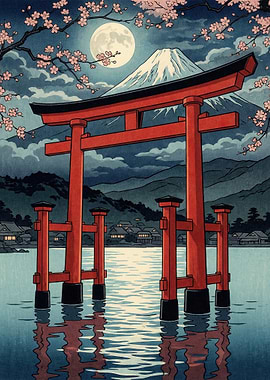 Torii Gate at Mount Fuji Under Moonlight