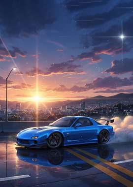 Blue sports car drifting at sunset