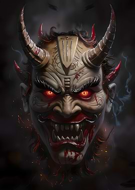 Demonic Oni Mask with Fiery Eyes