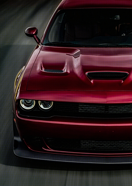 Red Dodge Challenger Hood and Headlights