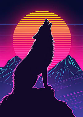 Retro Wolf Howling at Sunset
