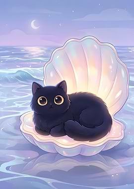 Cute Black Cat in a Seashell