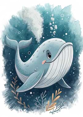 Cute cartoon whale blowing water