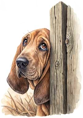 Sad Bloodhound Peeking Behind Fence