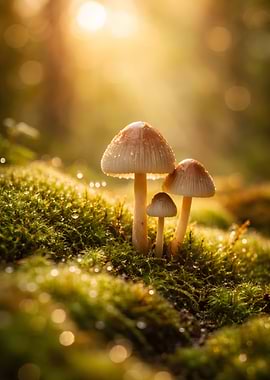 Three mushrooms on mossy ground