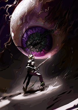 Warrior Battles Giant Eyeball Monster