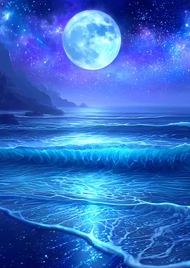 Moonlit Ocean Waves Under Starry Sky