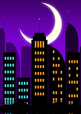 Night Cityscape with Crescent Moon