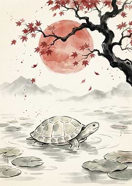 Turtle in Water Under Maple Tree