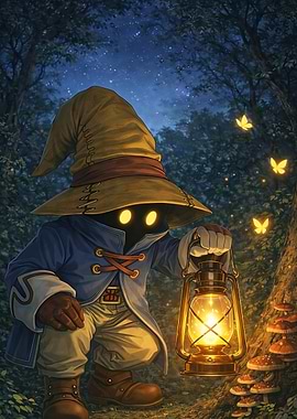 Vivi holding a lantern in a forest
