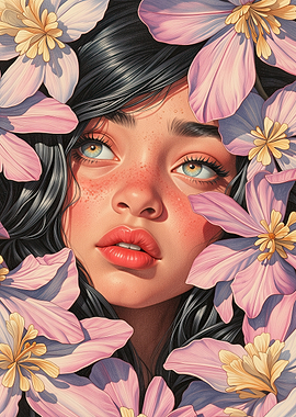 Close-up of a girl surrounded by flowers