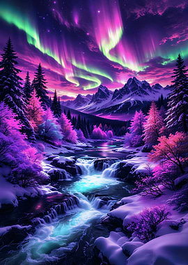 Aurora Borealis over Snowy Mountains