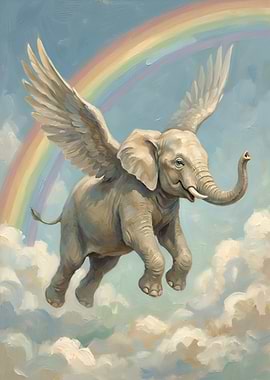 Flying Elephant with Wings and Rainbow