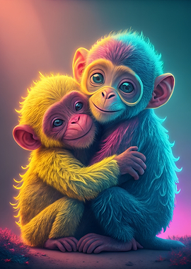 Two Cute Monkeys Hugging