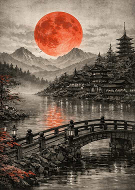 Japanese Landscape with Red Moon