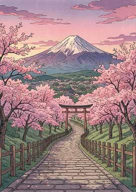 Mount Fuji Cherry Blossoms Torii Gate