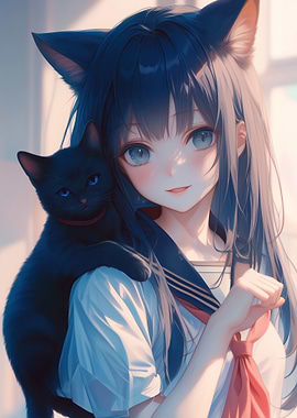 Anime Girl with Black Cat