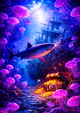 Shark and Treasure Chest in Bioluminescent Ocean