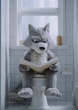 Wolf reading on a toilet