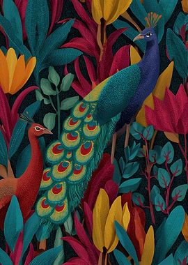 Peacocks in a Tropical Garden