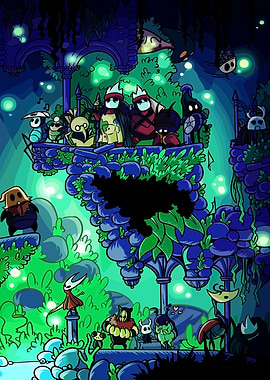 Hollow Knight Characters in a Lush Garden