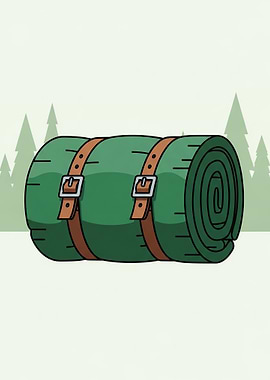 Rolled up green sleeping bag with straps