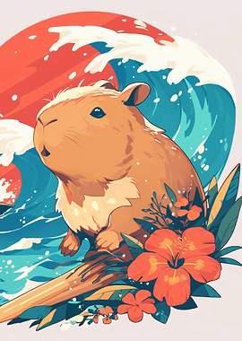 Capybara with Tropical Flowers and Waves