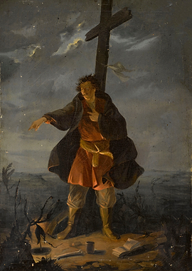 Man pointing at a cross in a stormy landscape