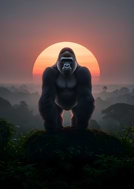 Gorilla in a Jungle Sunset