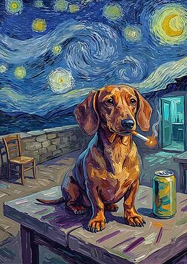 Dachshund Starry Night - Funny Smoking Dog Poster