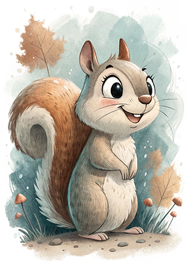 Cute Cartoon Squirrel in Autumn