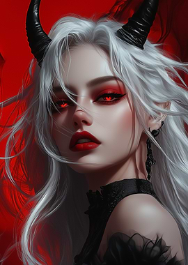 Demonic Woman with White Hair and Red Eyes