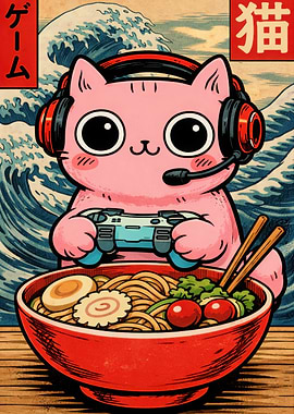 Gamer Cat Eating Ramen