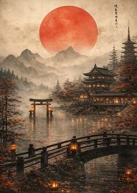 Japanese Landscape with Red Moon