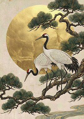 Two Cranes on a Pine Branch with Golden Sun