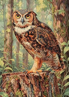 Great Horned Owl on a Tree Stump