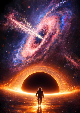 Astronaut faces a black hole and nebula