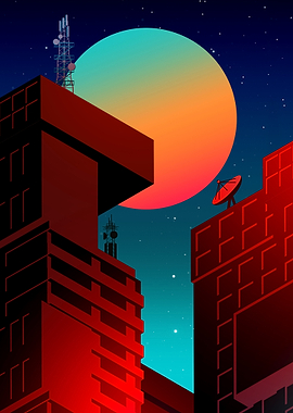 Retro Cityscape with Giant Moon