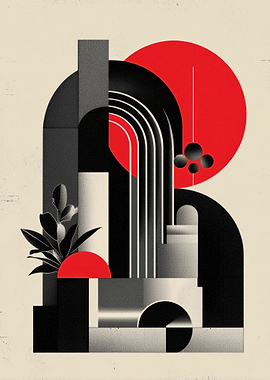 Abstract Geometric Composition with Red Accents