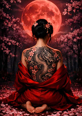 Dragon Tattoo Geisha Under Red Moon