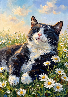 Tuxedo Cat in a Field of Daisies