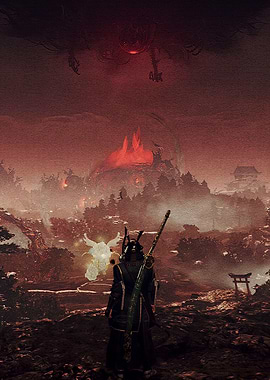 Samurai Warrior in a Fiery Landscape