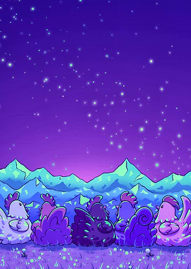 Cute Chickens Under a Starry Sky