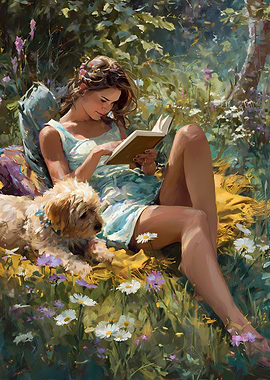 Woman Reading with Dog in Garden