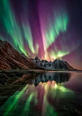 Aurora Borealis over Mountains and Water